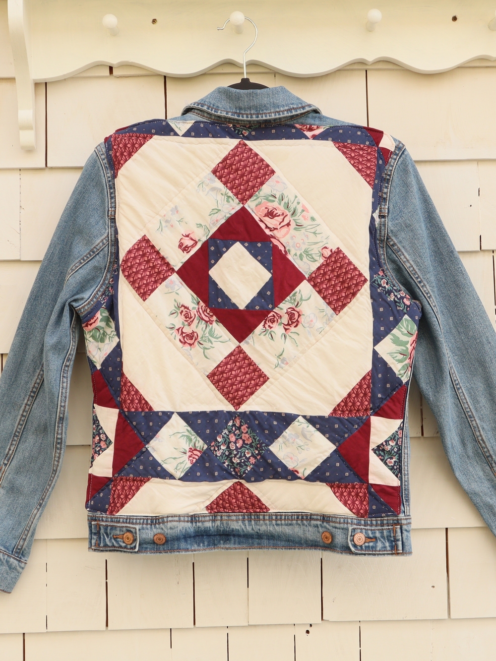 Upcycled Patchwork Quilt Patch on Denim Jacket - Red, Navy & Cream • Medium